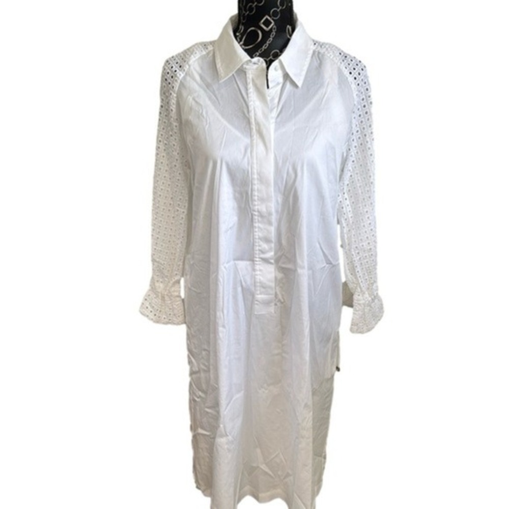 White Eyelet Sleeve Collared Button Front Shirt‎ Dress Midi Length
